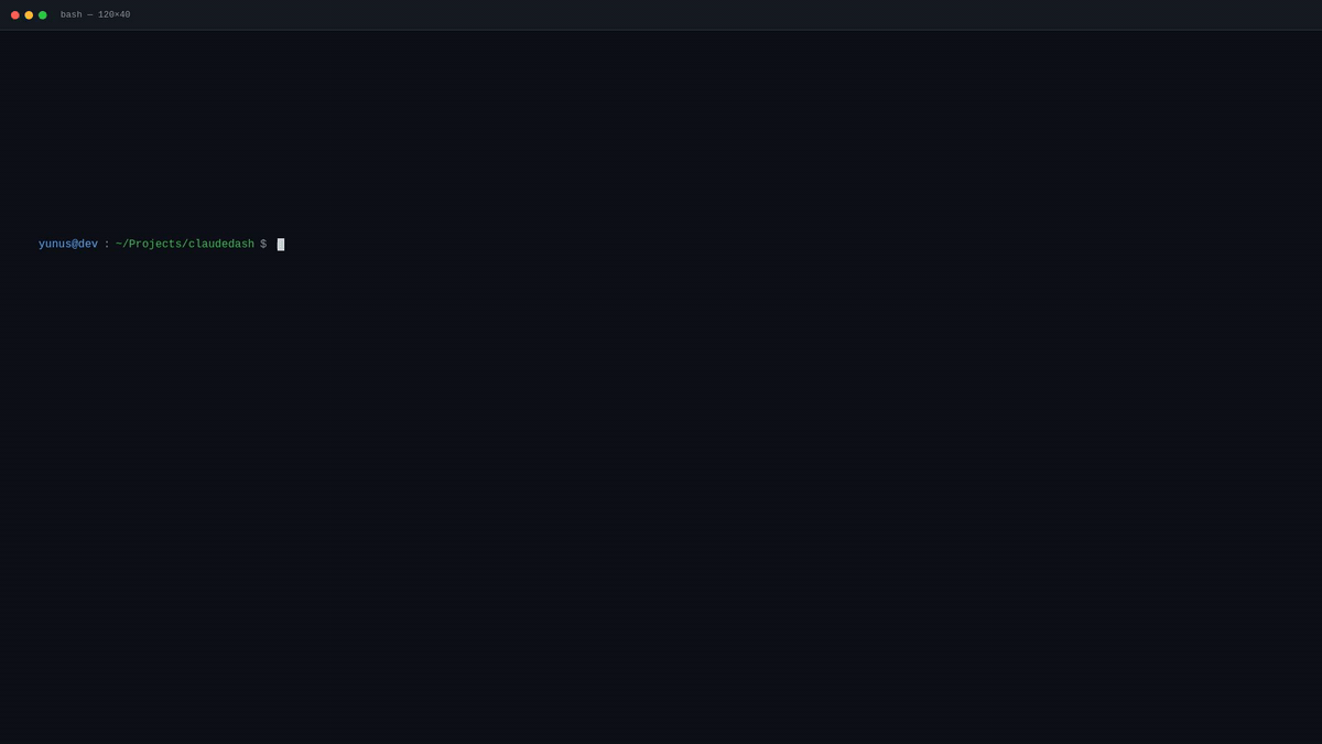 claudedash terminal startup — npx claudedash start animated demo