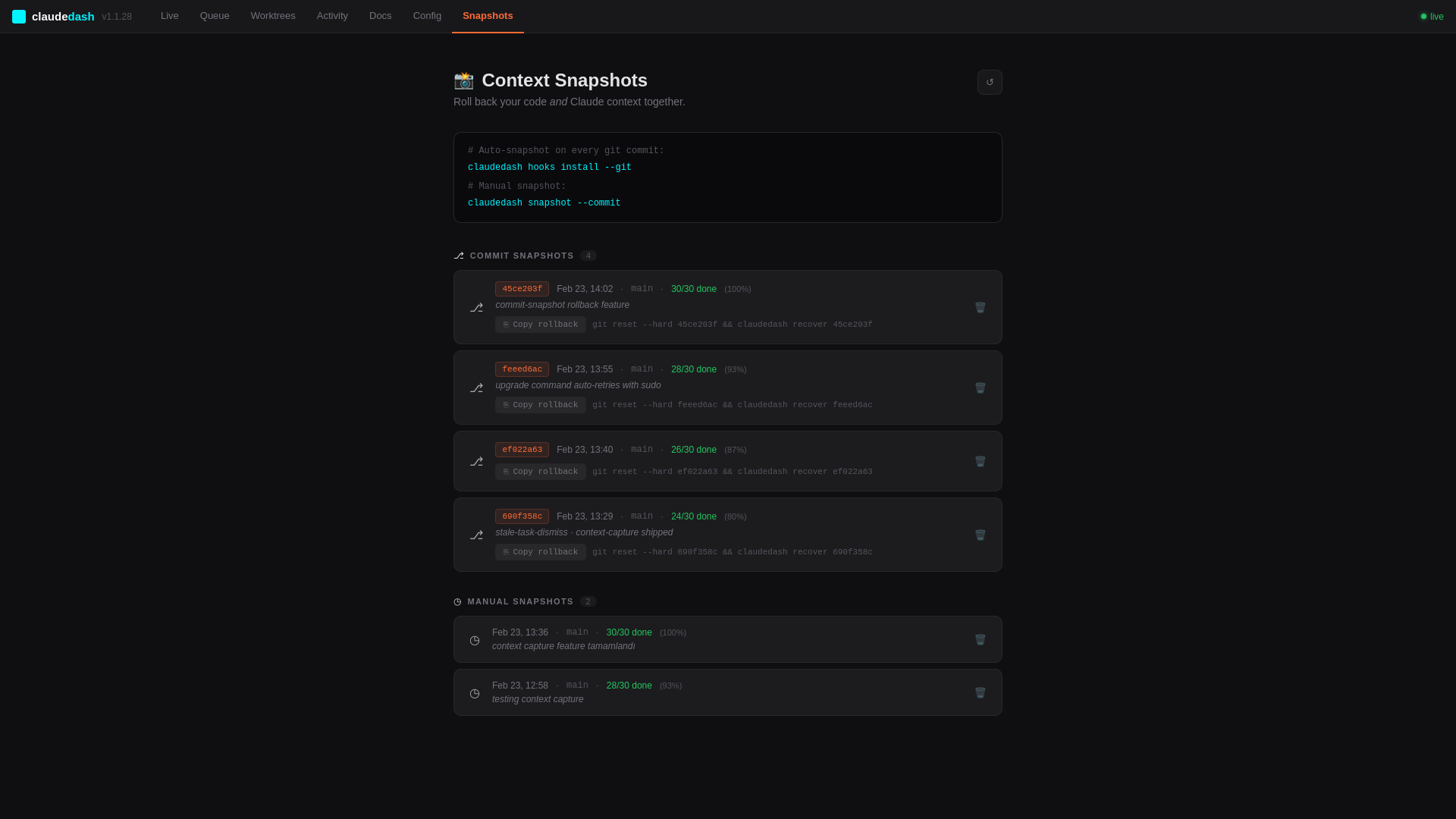 claudedash Snapshots — context rollback tied to git commits